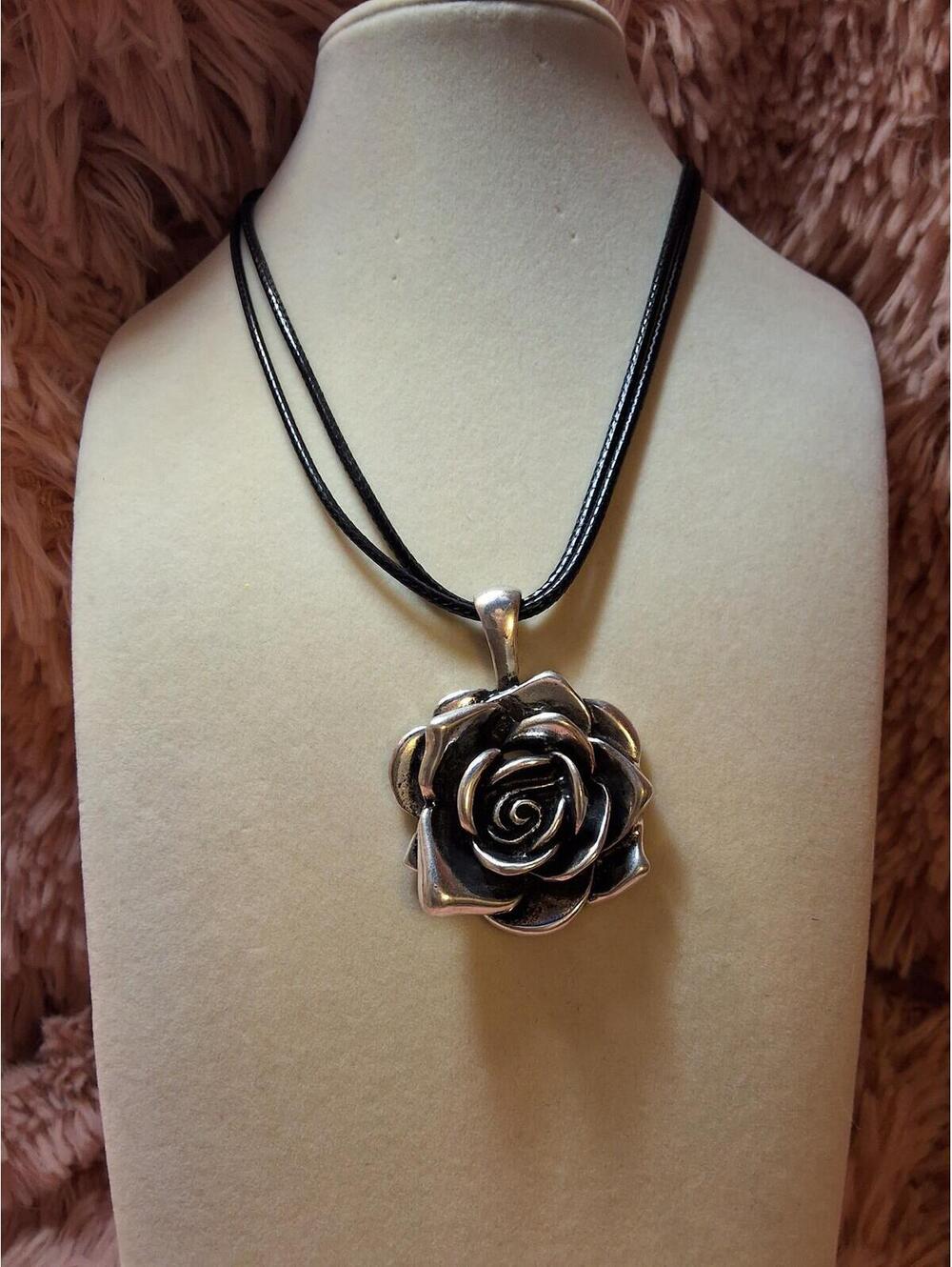 Black Cord Necklace with Silver Rose Pendant